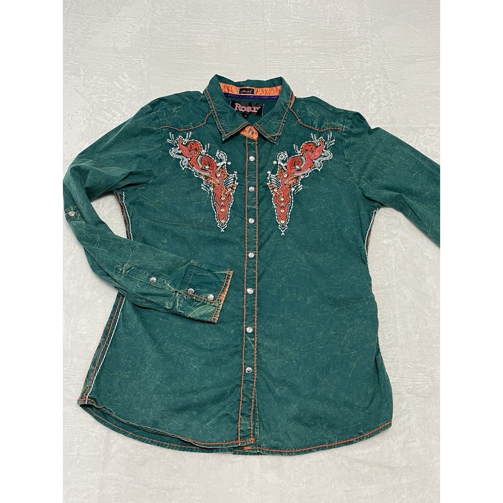 Roar Womens Western Button Up Rhinestones And Snap Turquoise Collared Shirt